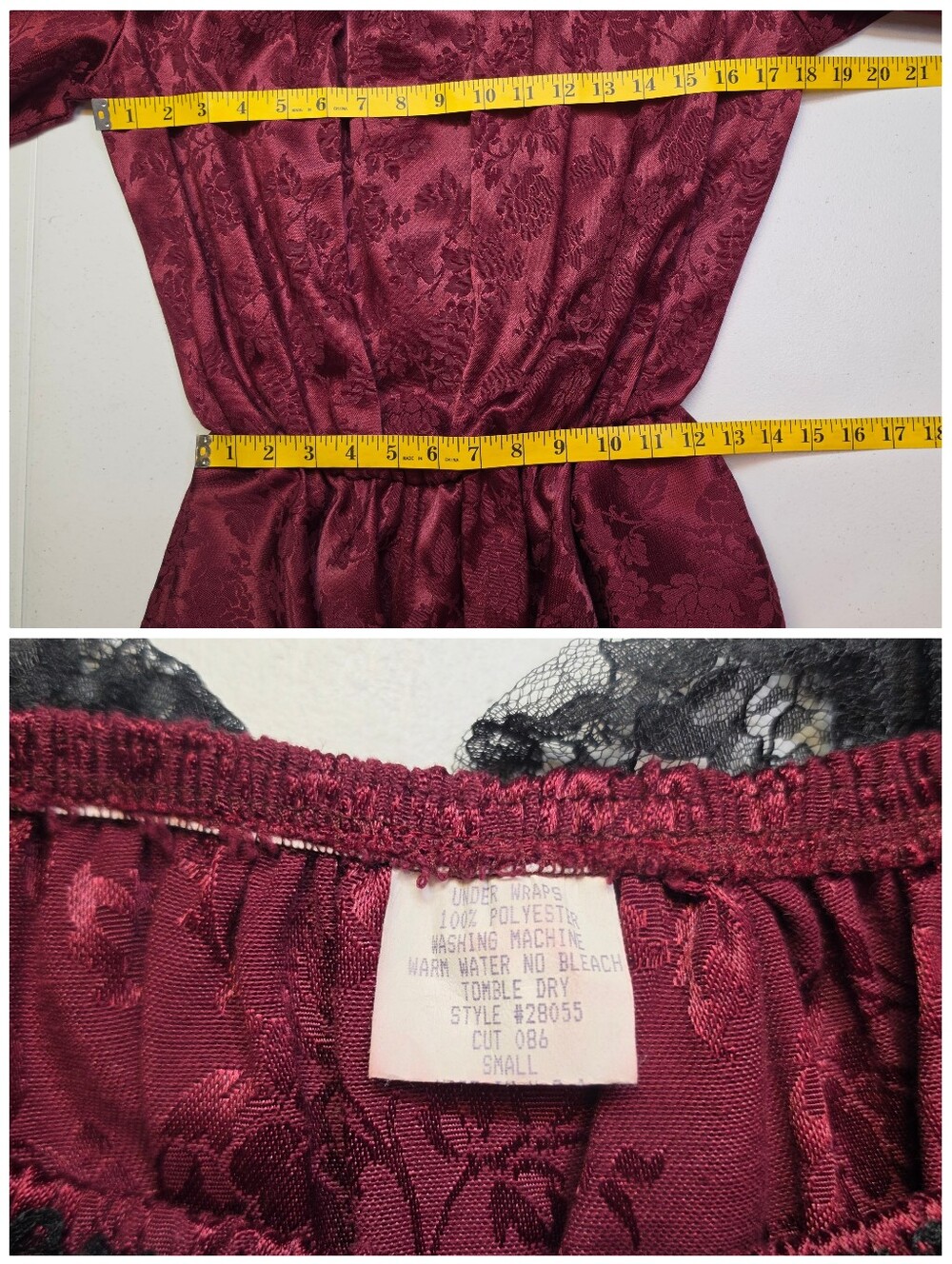 Vintage Off-the-Shoulder Burgundy Satin Jacquard Black Lace Trim Costume Dress - Picture 7 of 8